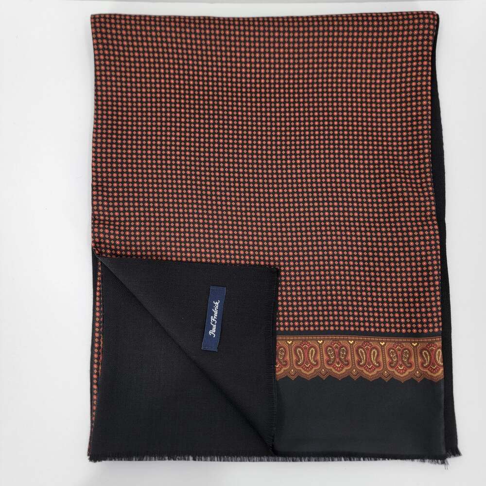 Paul Fredrick Mens Geometric Rectangle Scarf Black Red Gold 63 x 13" Fringe Edge